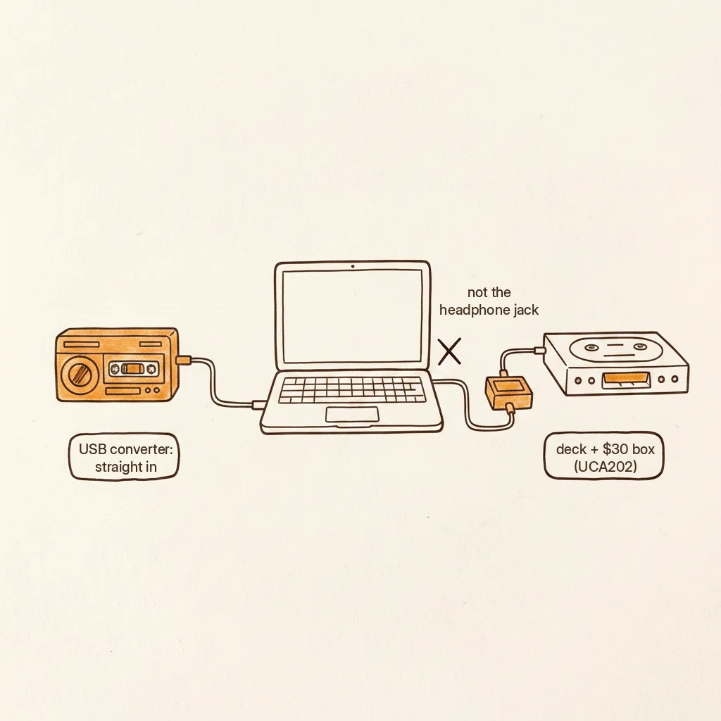 how to digitize cassette tapes with audacity, plug the usb converter or the behringer box in, not the laptop mic jack